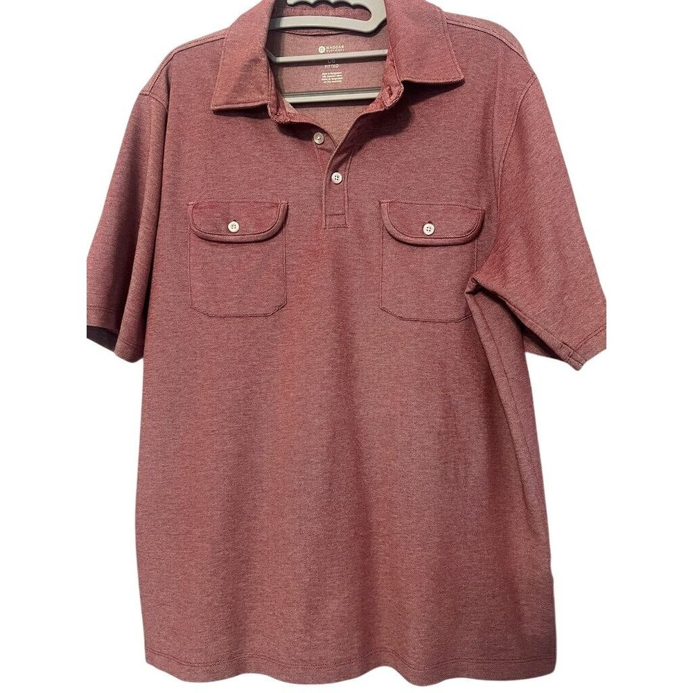Haggar Mens Lrg Fitted Red‎ Polo Shirt two Button Pockets short Sleeve